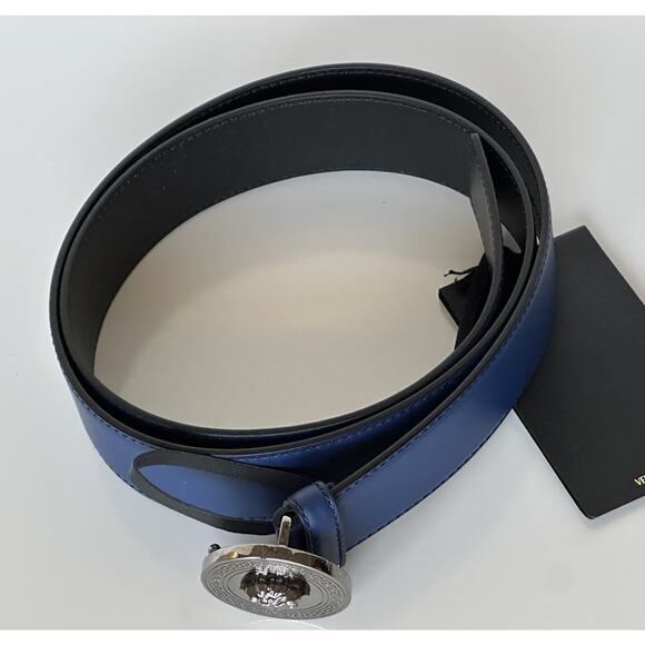 Versace Silver Medusa-Buckle Blue Leather Belt 100 (40) Italy 1006276 NIB $600 - Picture 3 of 10